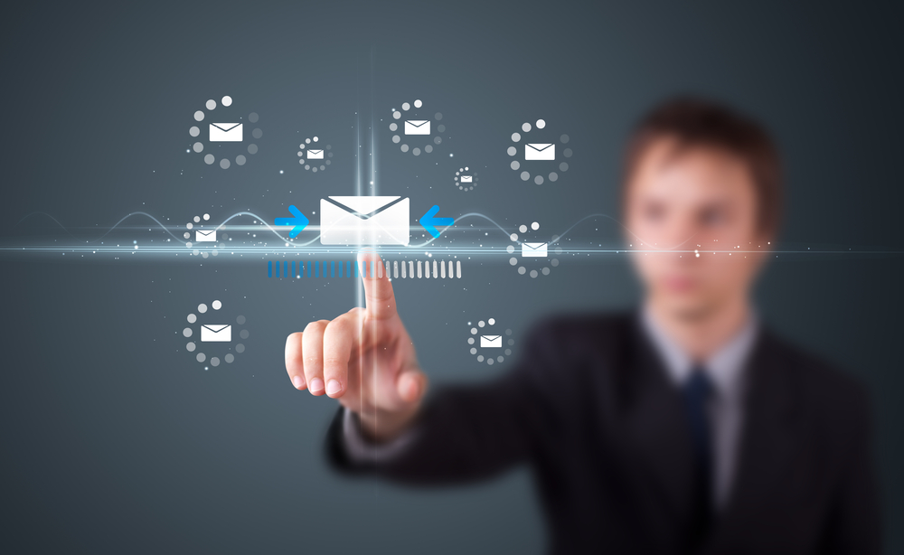 Businessman Pressing Messaging Type Of Modern Icons With Virtual Background